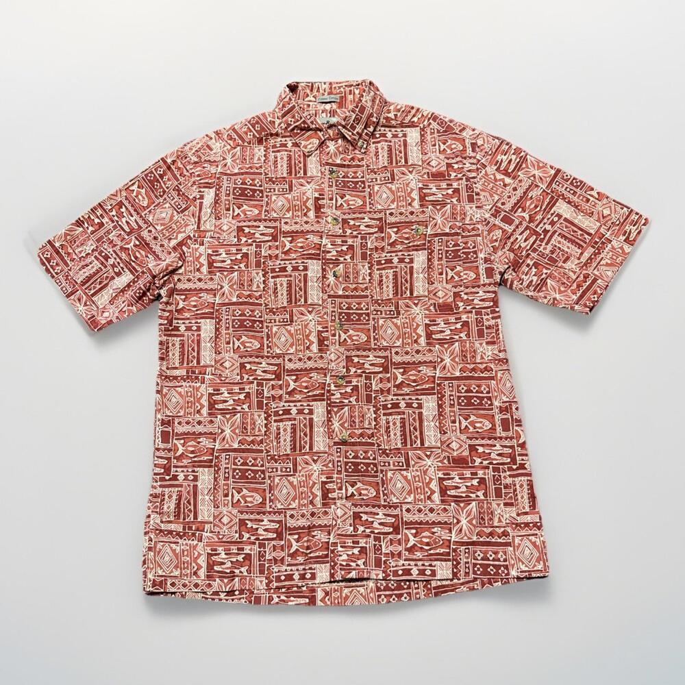 Hook & Tackle Shirt‎ Mens Medium Beige Fishing Gear Print Button Up Short Sleeve